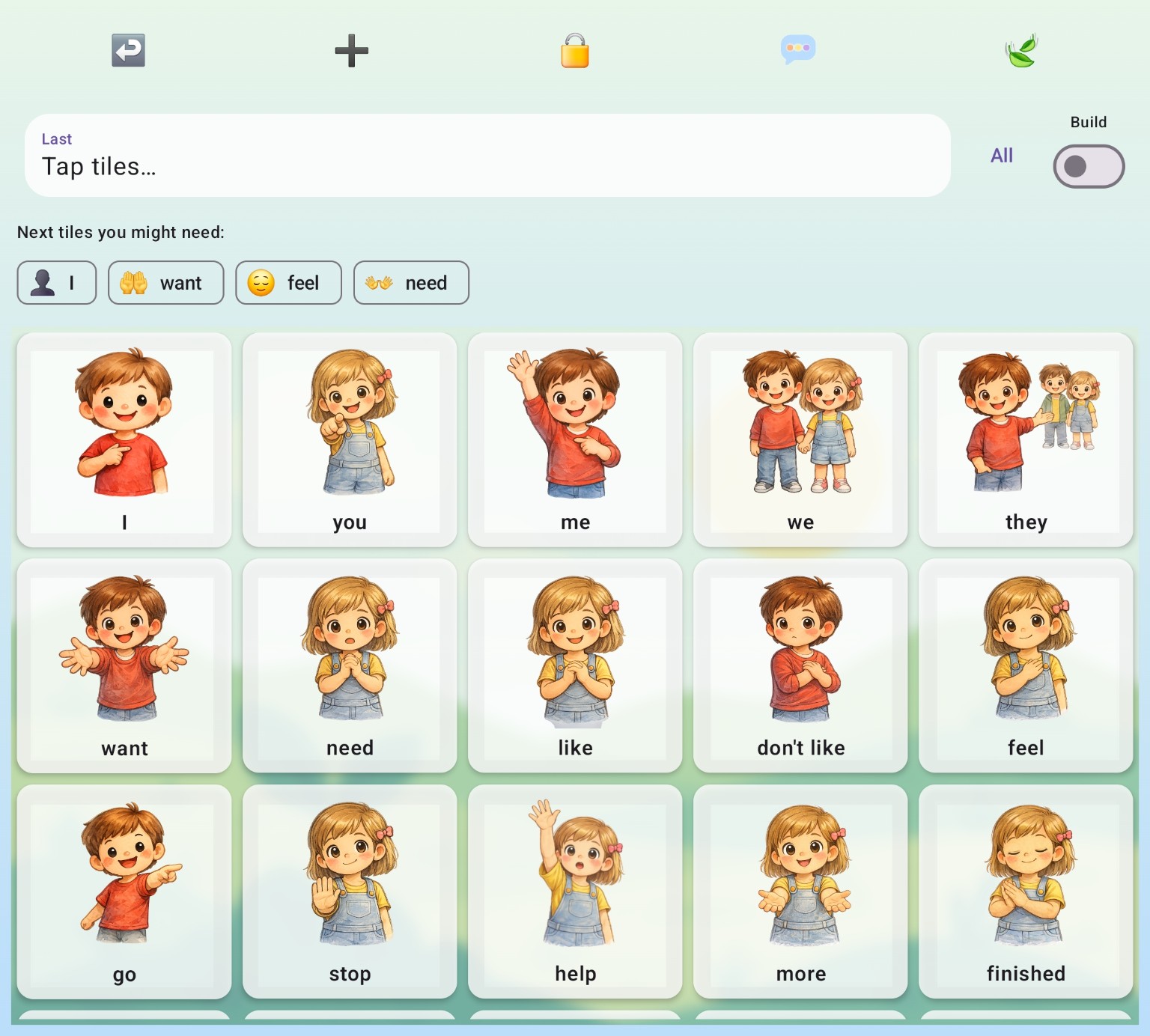 Little Talks AAC board showing core communication tiles and predictive suggestions