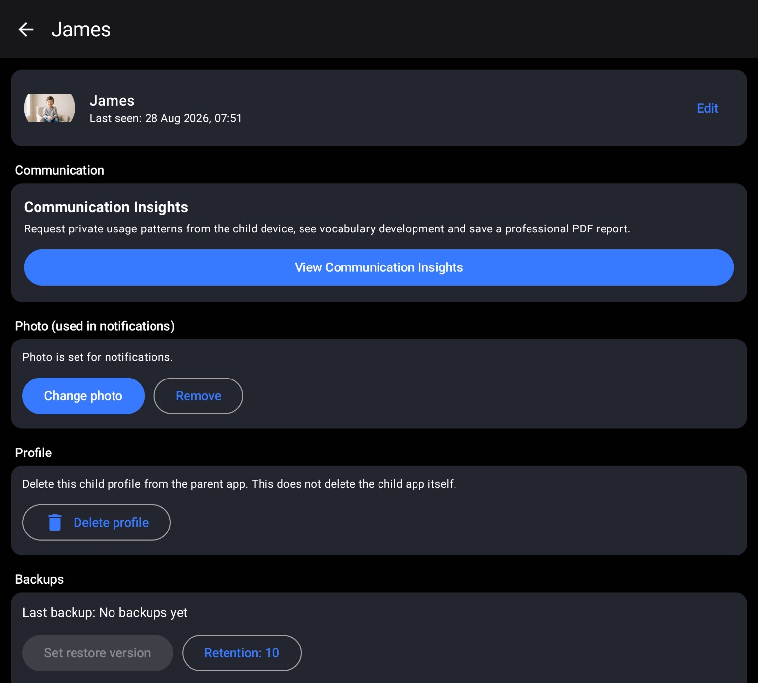 Little Beacons child profile on the parent device