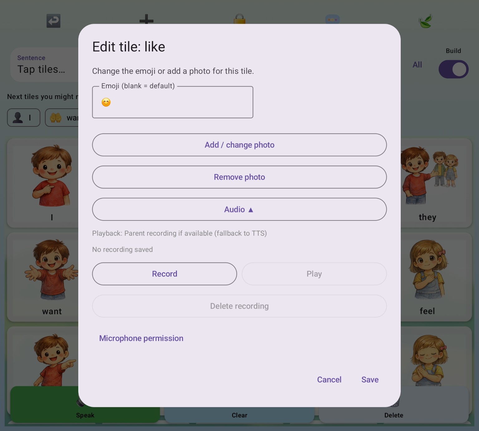 Edit tile panel with emoji, photo and recording options